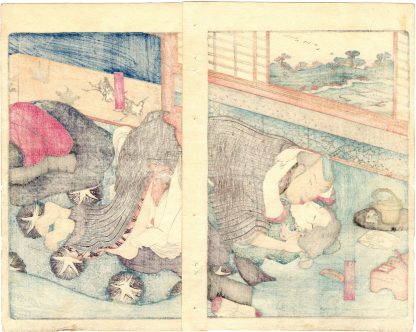 LINGERING PLUM SCENT IN THE SLEEPING CHAMBER: THE HAIRDRESSER UME NO OYOSHI AND THE BANQUET ENTERTAINER TOBEI (Utagawa Kunisada)