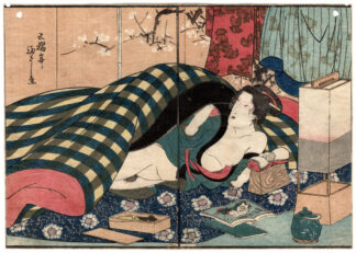 SEVEN FLOWERS OF AUTUMN: WIDOW WITH EROTIC BOOKS AND DILDOS (Utagawa Kuniyoshi)