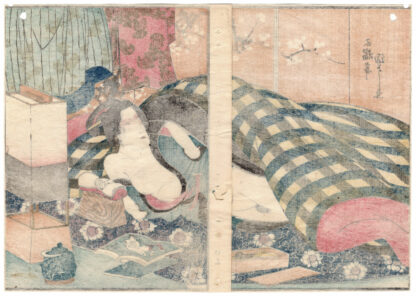 SEVEN FLOWERS OF AUTUMN: WIDOW WITH EROTIC BOOKS AND DILDOS (Utagawa Kuniyoshi)