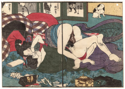 SEVEN FLOWERS OF AUTUMN: COUPLE IN A BACKROOM AND CAT (Utagawa Kuniyoshi)