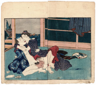 DREAMS OF MANY NIGHTS: COUPLE PASSIONATELY MAKING LOVE ON A HOT SUMMER DAY (Utagawa Kunimaro)